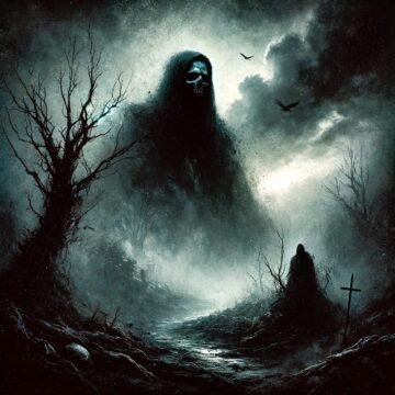 Grim reaper in dark, misty forest scene.