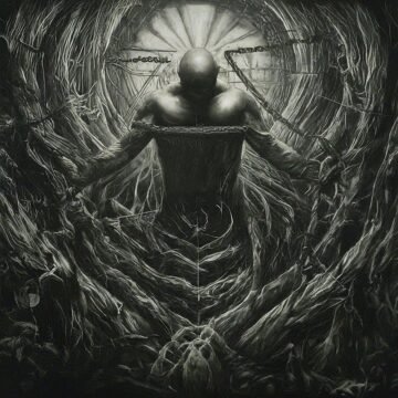 Dark surreal artwork of a bound figure in chains.