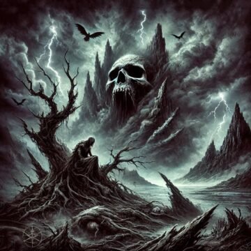 Dark fantasy landscape with skull mountain and lightning.