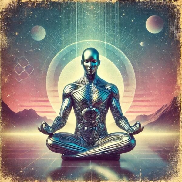 Futuristic cyborg meditating in space.