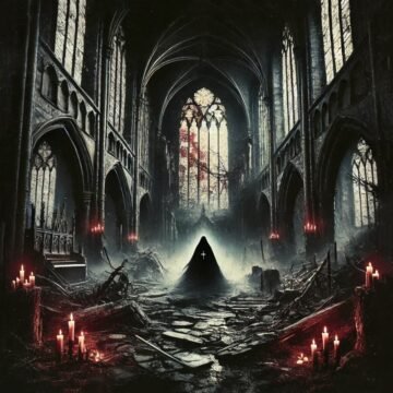 Dark cathedral with hooded figure and candles.