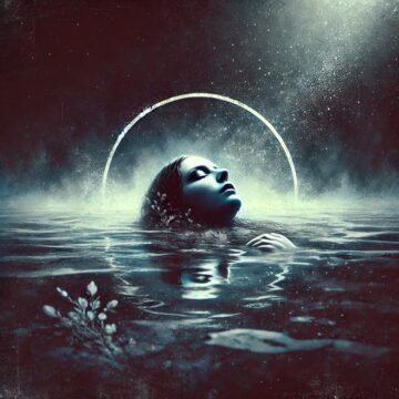 Woman floating in mystical, moonlit water.
