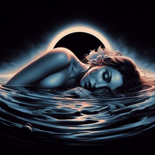 Woman floating peacefully with eclipse background.