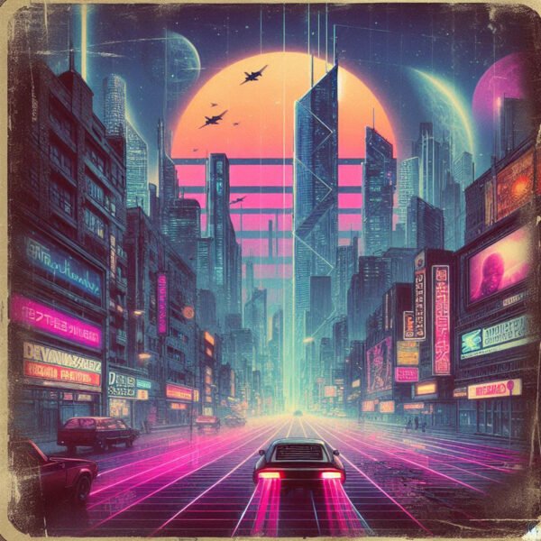 Futuristic cityscape with neon lights and flying cars.