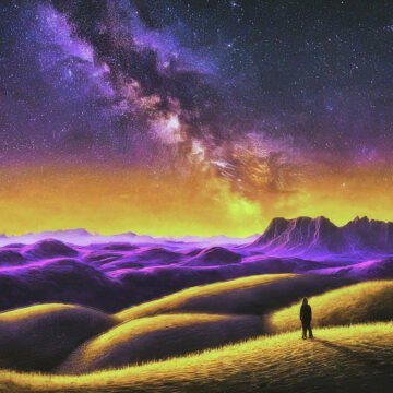 Person gazing at starry night mountain landscape.