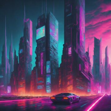 Futuristic cityscape with neon lights and car.