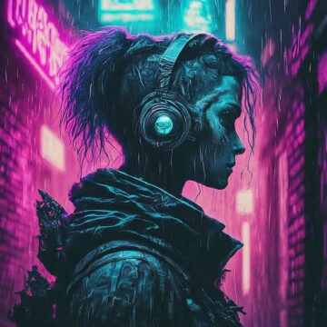 Cyberpunk figure wearing headphones in neon rain