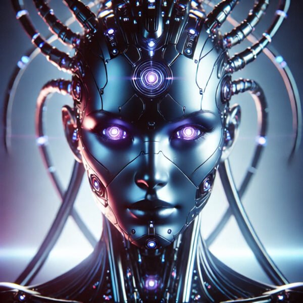 Futuristic AI robot with glowing purple eyes