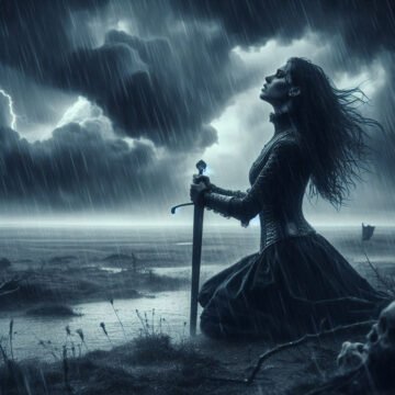 Woman kneeling with sword in stormy rain.