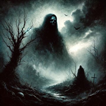 Dark hooded figure in misty forest scene