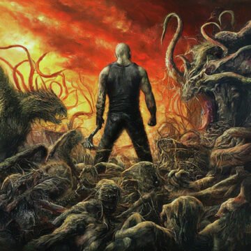 Person facing monstrous creatures in a fiery landscape.