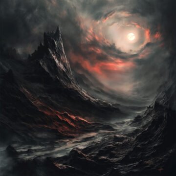 Surreal dark landscape with swirling sky and moon.