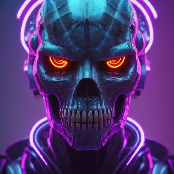 Futuristic robot skull with neon lights