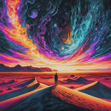 Surreal desert landscape with vibrant swirling sky.