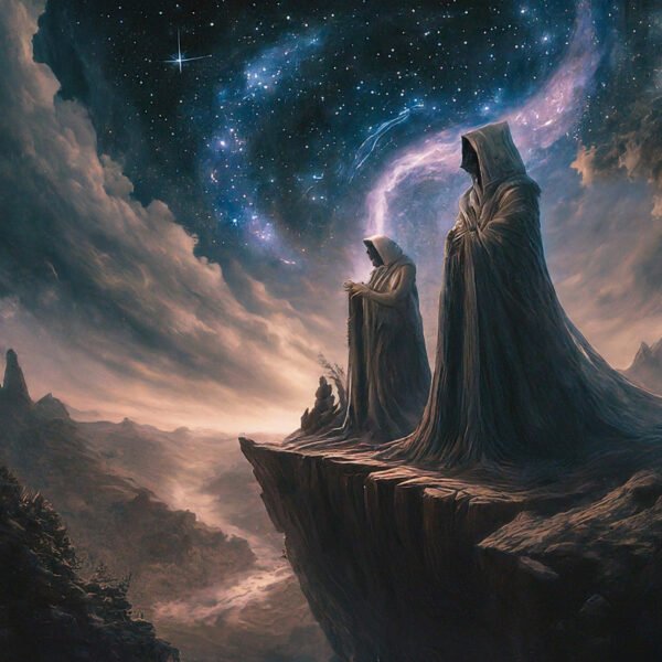 Hooded figures under a starry night sky, mystical scene.