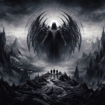 Dark angelic figure above eerie landscape