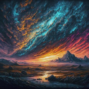 Colorful abstract landscape with dramatic sky at sunset.