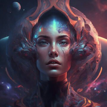 Futuristic woman with cosmic background, digital artwork.