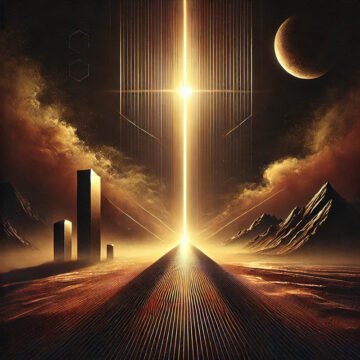 Futuristic landscape with glowing monolith and planets.