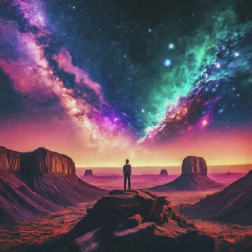 Person stargazing in colorful desert landscape