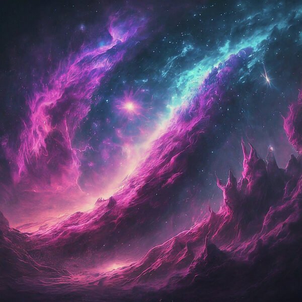 Digital artwork of colorful cosmic nebula in space.