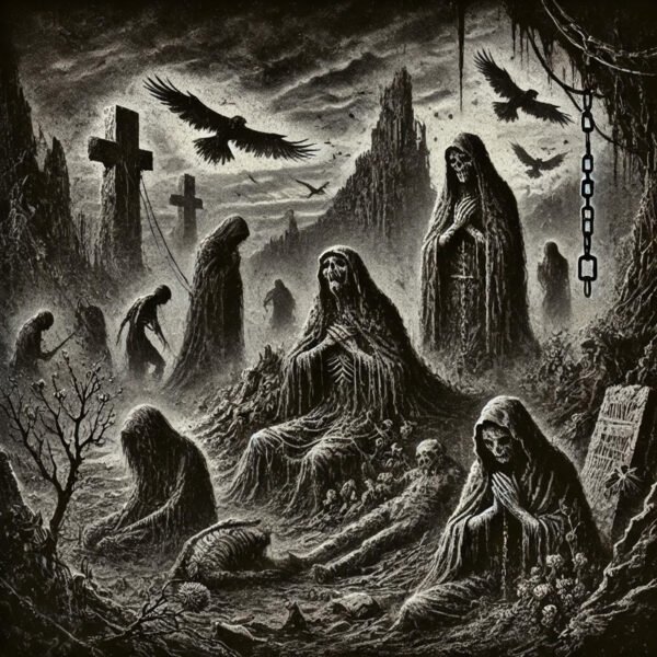 Dark, eerie graveyard with skeletal figures and crows.