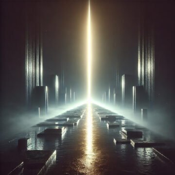 Futuristic hallway with glowing light streak.