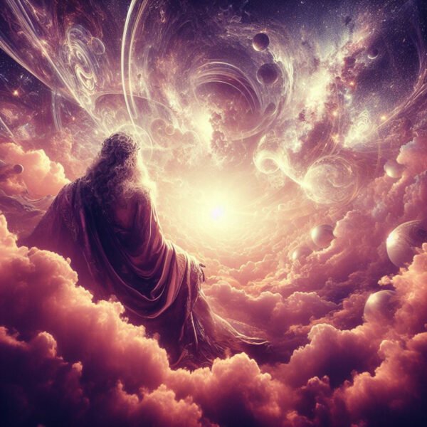 Mystical figure watching swirling cosmic scene