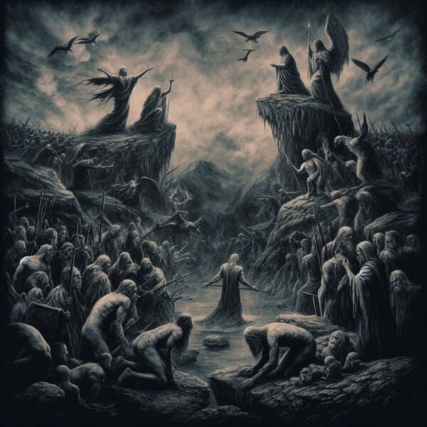 Dark fantasy landscape with hooded figures and eerie atmosphere.