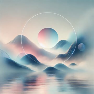 Surreal landscape with mountains, circles, and misty sky.