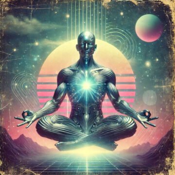 Futuristic figure meditating in cosmic landscape.