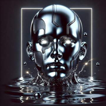 Futuristic robotic face with glowing eyes, emerging from liquid.