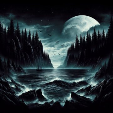 Dramatic moonlit ocean scene with cliffs and birds.