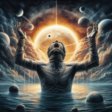 Surreal man bound in cosmic sunrise scene.