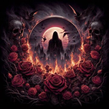 Dark figure surrounded by roses and skulls in flames.