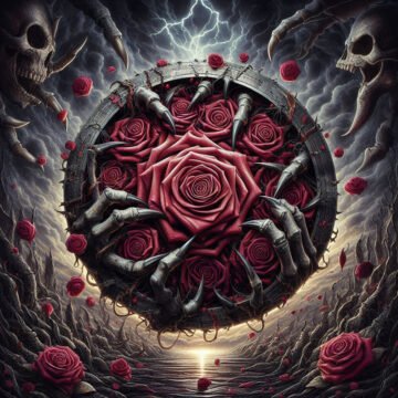 Gothic floral wheel with roses and skeleton claws.