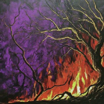 Abstract painting of burning tree and dark sky.