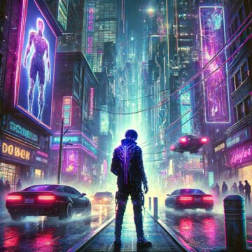 Futuristic cityscape with neon lights and flying car.