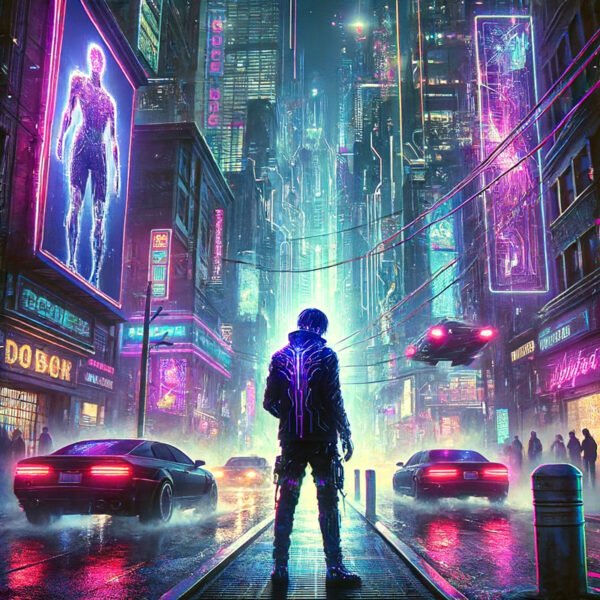 Futuristic cityscape with neon lights and flying car.