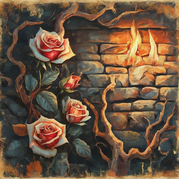 Roses and fire on a textured stone wall.