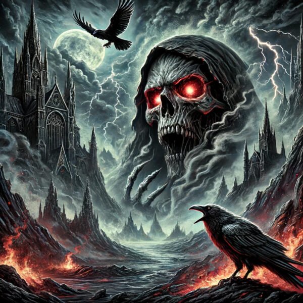 Gothic scene with skull, castle, and ravens.