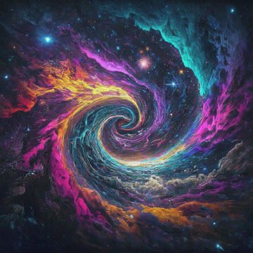 Colorful cosmic swirl with stars and galaxies.