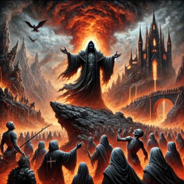 Dark figure commands hooded figures in fiery landscape.