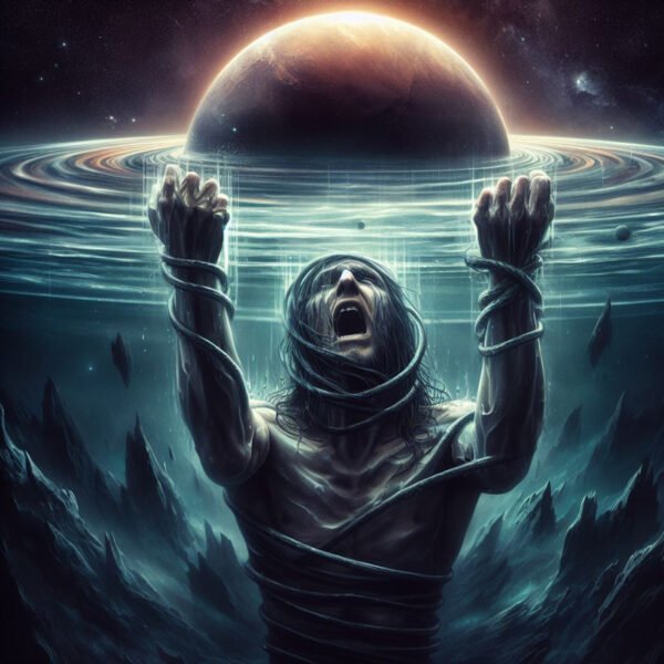 Person trapped underwater, reaching towards planet.