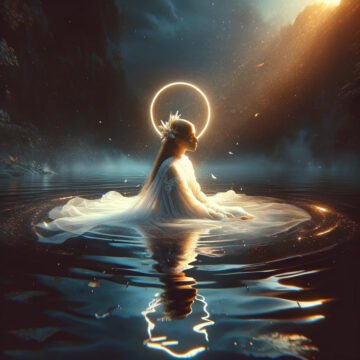 Woman in halo sits on water in ethereal scene.