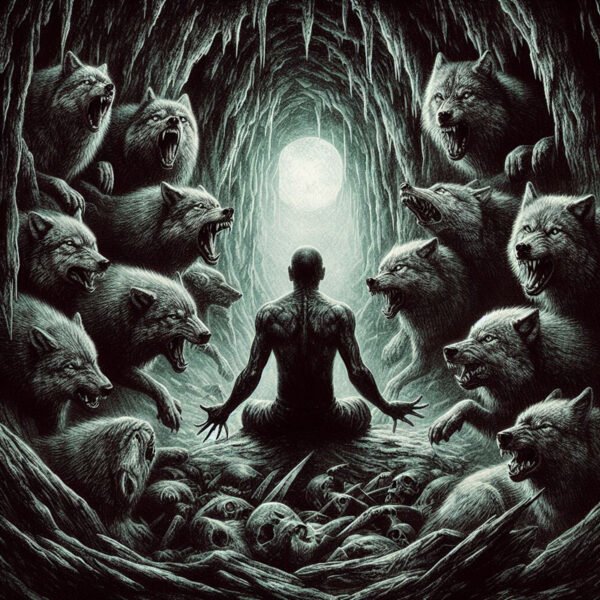 Man surrounded by wolves in a cave.