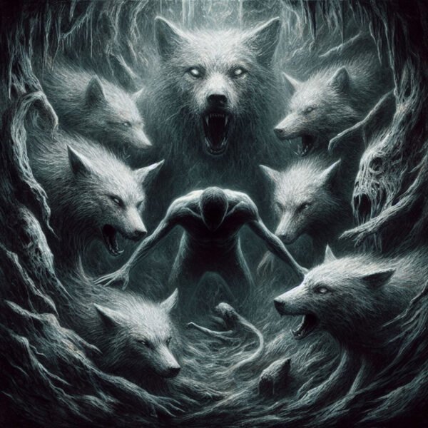 Dark figure surrounded by ghostly wolves.