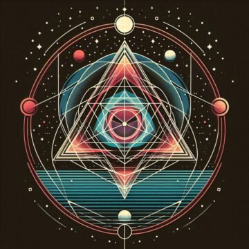 Geometric abstract cosmic design with triangles and circles.