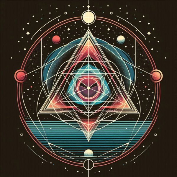 Geometric abstract cosmic design with triangles and circles.