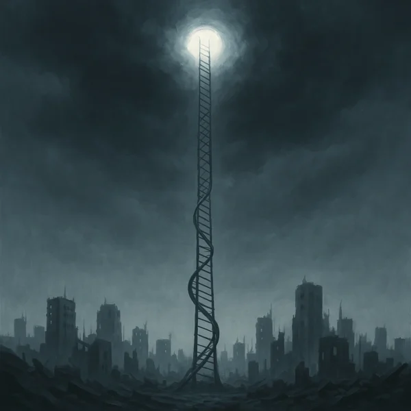 Tall ladder reaches sky in dystopian city.
